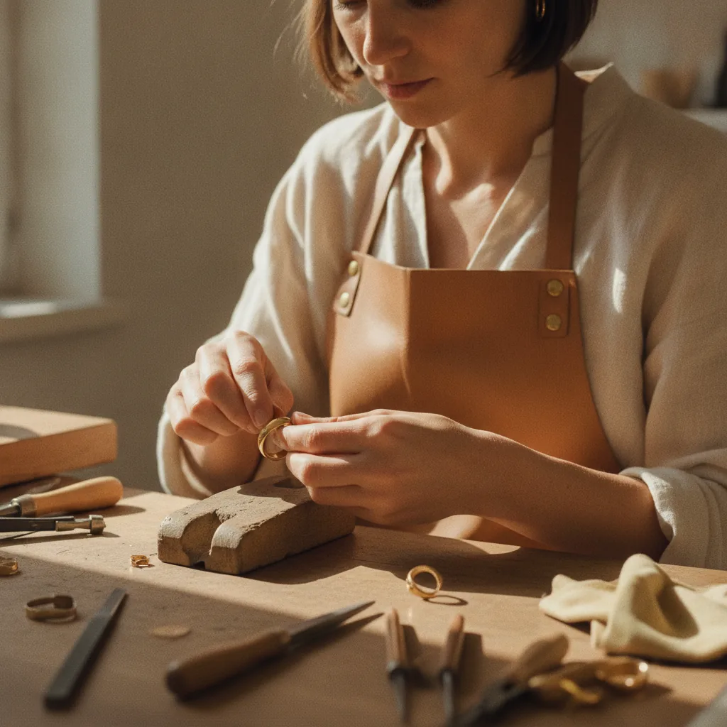 Mains de Camille Fournier travaillant un bijou dans l'atelier